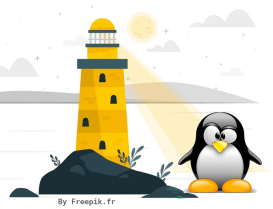 Tux, la mascotte linux en premier plan devant un bateau guidé par un phare